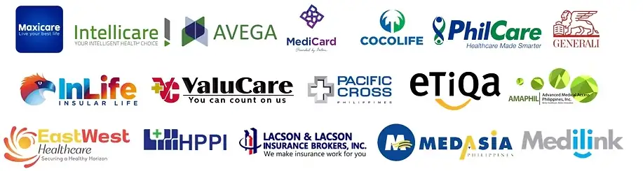 Accredited HMO partners: Maxicare, Intellicare, Avega, MediCard, Cocolife, PhilCare, Generali, InLife (Insular Life), ValuCare, Pacific Cross, Etiqa, Amaphil, EastWest Healthcare, HPPI, Lacson & Lacson Insurance Brokers, MedAsia and Medilink